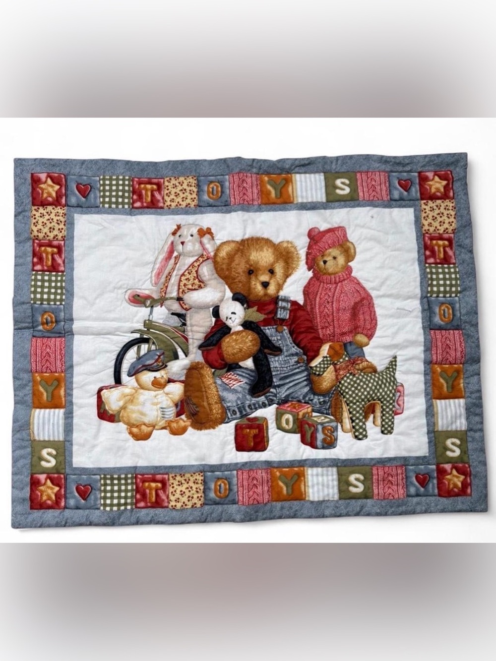 Hand Quilted Blue Jean Teddy Bear Toys Blocks Quilt Baby Crib Blanket Nursery